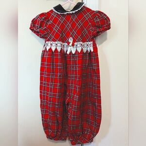 Rose Cottage Vintage Toddler Girls Red Plaid & Black Velvet Romper Size 18M